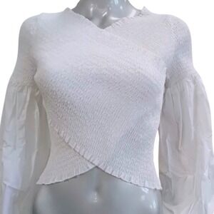 Choosy White Smocked Wrap Top Puff Lantern Sleeve XS Cotton Romantic Y2K